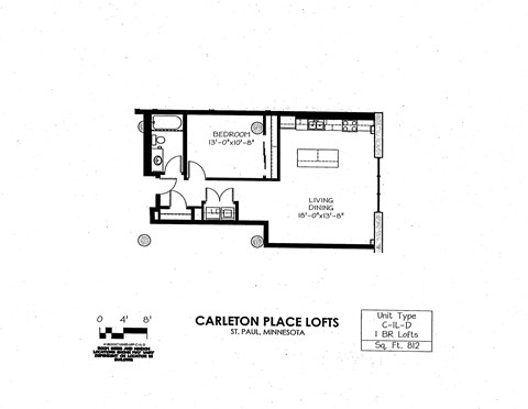 Floor plan for 1 bed, 1 bath, 812 sqft